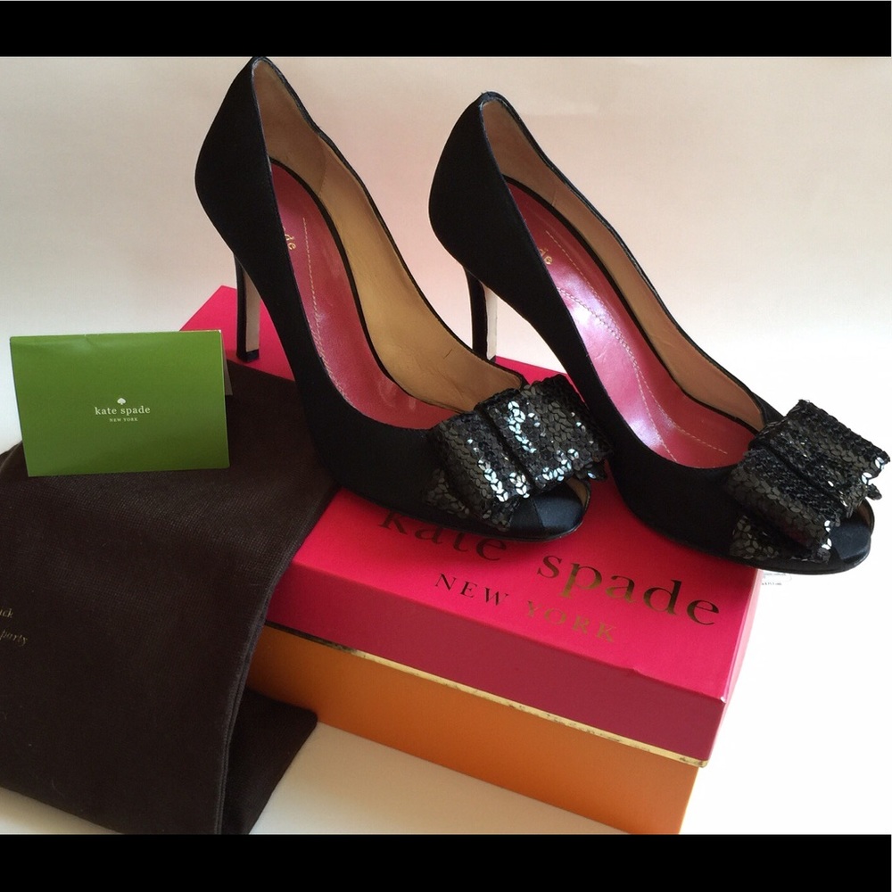 Kate Spade Genie Black Satin Peep-Toe Heels - 7.5